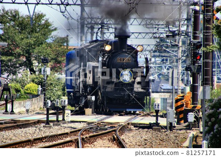 To Kinugawa Road in the summer of green burning, at Shimoimaichi Station ... SL Taiki "C11" 81257171