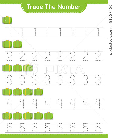 Trace the number. Tracing number with Luggage. Educational children game, printable worksheet, vector illustration 81257450
