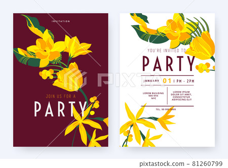 Floral party invitation card template design, tulip, Amsonia, Magnolia coco and leaves in yellow 81260799