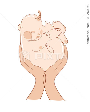 A little baby sleeps sweetly in the arms of a father or mother. Flat illustration, icon for pediatrics, pregnancy and motherhood. Vector sketch isolated on white background. 81260940
