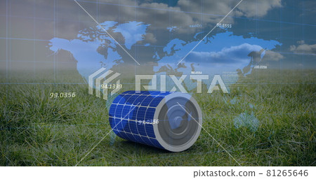Multiple changing numbers over world map against solar cylinder on grass against blue sky Multiple changing numbers over world map against solar cylinder on grass against blue sky 81265646