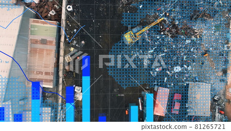 Financial data processing over world map against urban industrial site 81265721