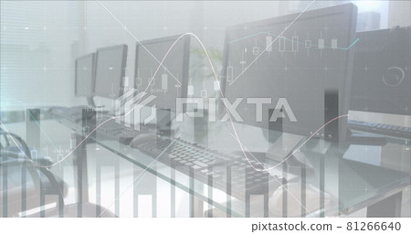 Image of financial data processing with statistics over empty office with computers Image of financial data processing with statistics over empty office with computers 81266640