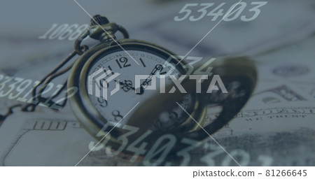 Digital image of multiple changing numbers against pocket watch on american dollar bills Digital image of multiple changing numbers against pocket watch on american dollar bills 81266645