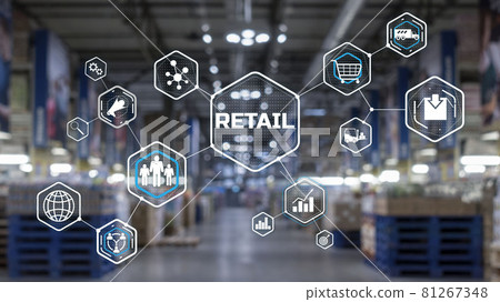 Retail Marketing Channels E-commerce. Shopping automation on blurred supermarket background 2021 Retail Marketing Channels E-commerce. Shopping automation on blurred supermarket background 2021 81267348
