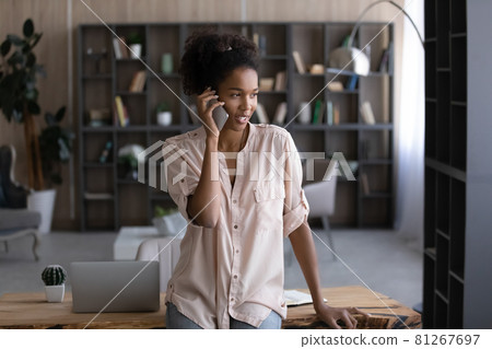 African American woman talk on smartphone call African American woman talk on smartphone call 81267697