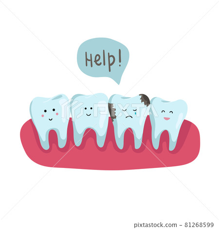 Row of health teeth in the oral cavity, one of which is sick. one bad tooth with caries. healthcare concept, place for text, flat vector illustration Row of health teeth in the oral cavity, one of which is sick. one bad tooth with caries. healthcare concept, place for text, flat vector illustration 81268599