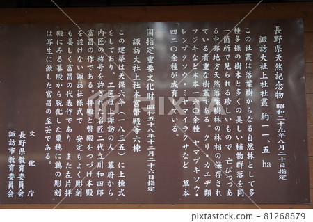 Suwa Taisha is one of the oldest shrines in Japan and is the head office of more than 10,000 Suwa shrines nationwide. 81268879