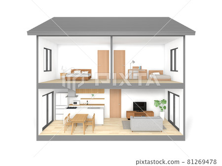 Cross section CG perspective of a two-story house Cross section CG perspective of a two-story house 81269478