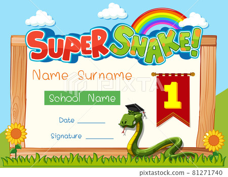 Diploma or certificate template for school kids with super snake cartoon character 81271740