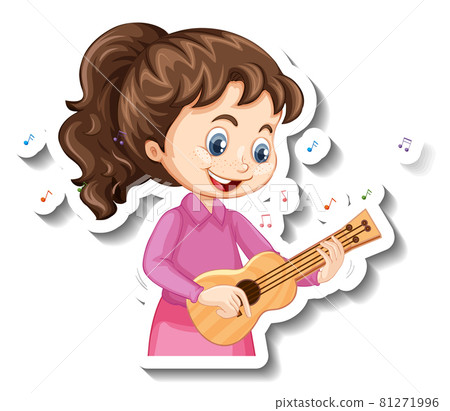 Cartoon character sticker with a girl playing ukulele 81271996