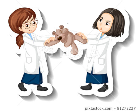 Cartoon character sticker with children in science gown 81272227