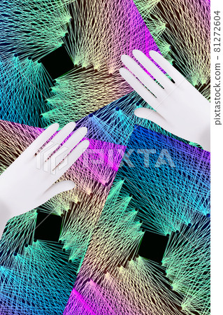 Contemporary collage. Abstraction. Hands on the background of a geometric pattern in the form of a network. 81272604