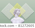 Contemporary collage. Sculpture of a woman on an olive background with a geometric pattern. 81272605
