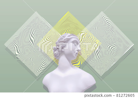 Contemporary collage. Sculpture of a woman on an olive background with a geometric pattern. 81272605