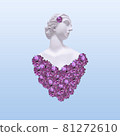 Contemporary collage. Sculpture of a woman on a gentle blue background and a heart of flowers. 81272610