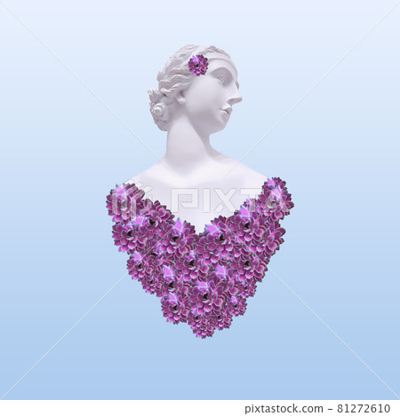 Contemporary collage. Sculpture of a woman on a gentle blue background and a heart of flowers. 81272610