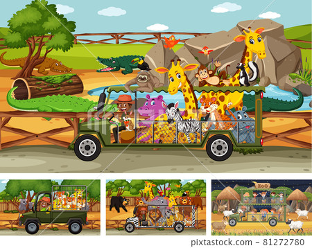 Different safari scenes with animals and kids cartoon character 81272780