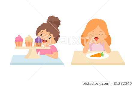Little Girl at Table Showing Disgust Towards Carrot and Enjoying Sweet Cupcakes Vector Set Little Girl at Table Showing Disgust Towards Carrot and Enjoying Sweet Cupcakes Vector Set 81272849