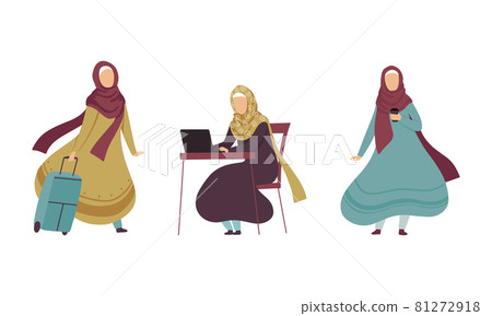 Muslim Woman in Hijab Working at Laptop and... - Stock Illustration ...