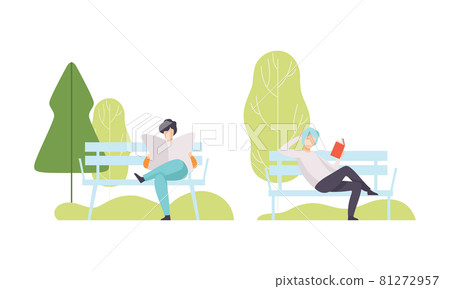 Man Walking in Park Sitting on Bench Reading Book and Newspaper Vector Set 81272957
