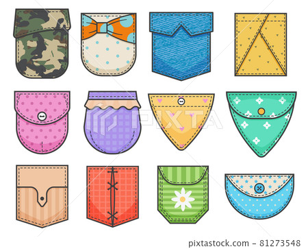Set of pocket patches. Elements for uniform or casual style clothes, dresses and shirts. Color vector illustration Set of pocket patches. Elements for uniform or casual style clothes, dresses and shirts. Color vector illustration 81273548