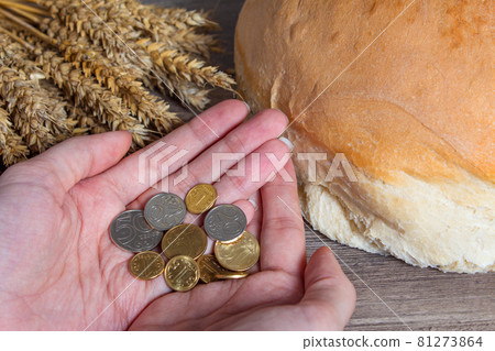 Women's hands hold Kazakhstan tenge coins over a table with wheat ears and bread. Bread products in Kazakhstan and Kazakhstan wheat. Women's hands hold Kazakhstan tenge coins over a table with wheat ears and bread. Bread products in Kazakhstan and Kazakhstan wheat. 81273864