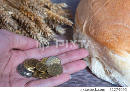 Women's hands hold Kazakhstan tenge coins over a table with wheat ears and bread. Bread products in Kazakhstan and Kazakhstan wheat. Women's hands hold Kazakhstan tenge coins over a table with wheat ears and bread. Bread products in Kazakhstan and Kazakhstan wheat. 81274063