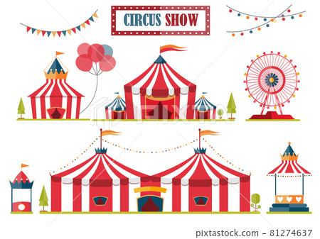 Set of circus tent marquee with stripes and flags isolated,Ferris Wheel,Vector illustrations. 81274637