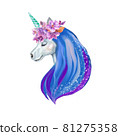 watercolor illustration of a unicorn with flowers on its head a multicolored mane isolated on a white background. 81275358