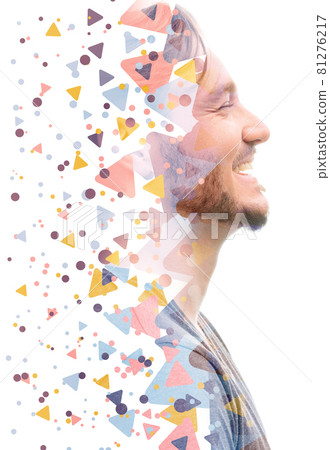 Colorful abstract geometric shapes combined with a portrait of laughing man Colorful abstract geometric shapes combined with a portrait of laughing man 81276217