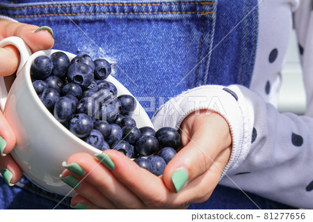 Woman holding bowl with fresh blueberries. Harvesting concept. Female hands collecting berries. The concept of vegetable garden cottage harvest gardening Woman holding bowl with fresh blueberries. Harvesting concept. Female hands collecting berries. The concept of vegetable garden cottage harvest gardening 81277656