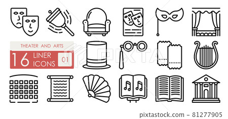 Theatrical performances and premieres. Musical art of theater and opera on stage. Harp, tragedy, comedy, masks, script, sheet music. Set of simple linear icons 81277905