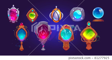 Magic amulets, mirrors and glass sphere. Vector cartoon icons set, gui elements for game about witchcraft or wizard with pendants with gems and crystals in stone and wooden frame 81277925