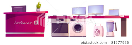 Store with home appliances on shelf and counter with cashbox. Vector cartoon set of household equipment, television, computer, washing machine, stove, blender and ventilator isolated on white 81277926
