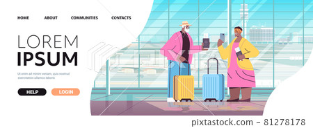 senior couple of tourists using smartphones grandparents with luggage passports and tickets ready to boarding at airport senior couple of tourists using smartphones grandparents with luggage passports and tickets ready to boarding at airport 81278178