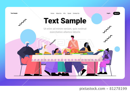 multi generation family celebrating happy thanksgiving day people sitting at table having traditional dinner 81278199