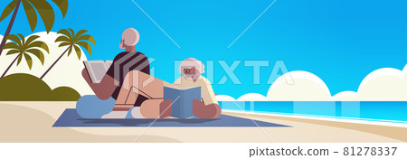 senior couple reading books at beach old man and woman family spending time together relaxation retirement senior couple reading books at beach old man and woman family spending time together relaxation retirement 81278337
