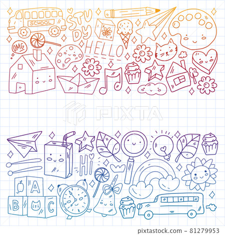 School, kindergarten icons for children. Creativity and imagination. Online education. Dancing, singing, painting. 81279953
