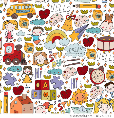 Vector pattern. School and online education. Little boys and girls play and grow together. Vector pattern. School and online education. Little boys and girls play and grow together. 81280045