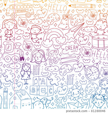 Vector pattern. School and online education. Little boys and girls play and grow together. 81280046