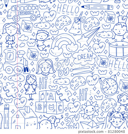 Vector pattern. School and online education. Little boys and girls play and grow together. 81280048