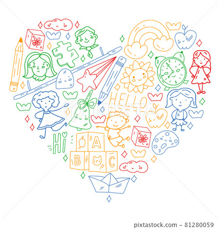 Vector pattern. School and online education. Little boys and girls play and grow together. Vector pattern. School and online education. Little boys and girls play and grow together. 81280059