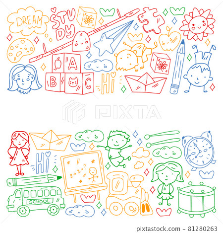 Vector pattern. School and online education. Little boys and girls play and grow together. 81280263