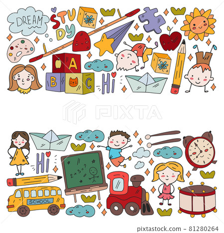 Vector pattern. School and online education. Little boys and girls play and grow together. 81280264