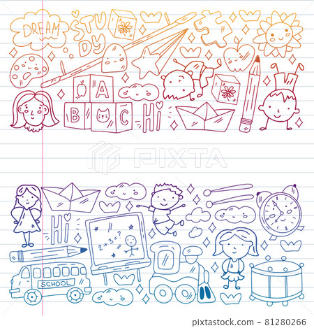 Vector pattern. School and online education. Little boys and girls play and grow together. 81280266