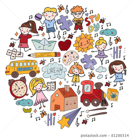 Vector pattern. School and online education. Little boys and girls play and grow together. Vector pattern. School and online education. Little boys and girls play and grow together. 81280314