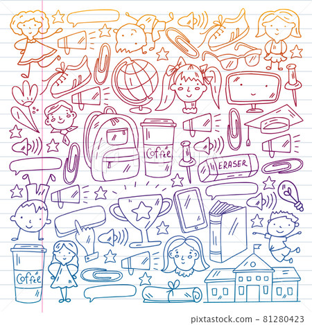 Vector pattern. School and online education. Little boys and girls play and grow together. Online education. 81280423