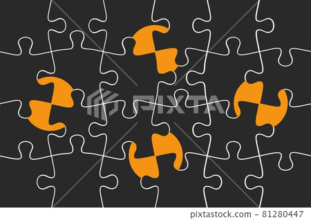 Puzzle pieces background. Yellow sun and grey puzzles, asian contemporary abstract banner. Geometric business cover vector template 81280447