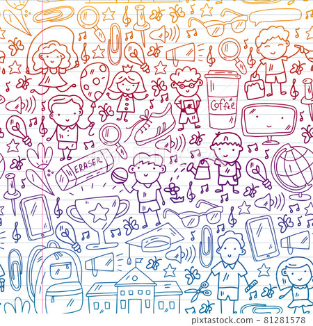 Vector pattern. School and online education. Little boys and girls play and grow together. Online education. Vector pattern. School and online education. Little boys and girls play and grow together. Online education. 81281578